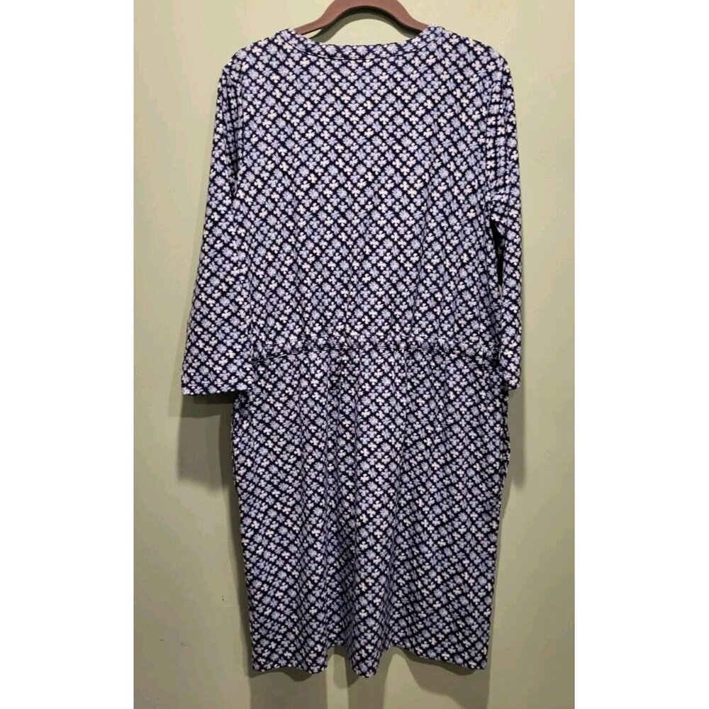 New Lands End Blue Print 3/4 Sleeve 1/4 Button Tie Waist Dress Sz M Pockets - Picture 4 of 9